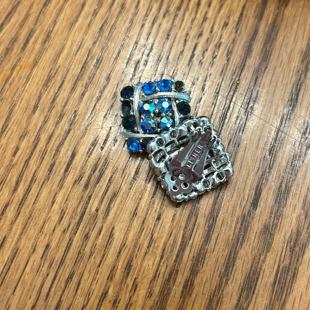 Lisner clip on earrings sapphires and blues rhinestones missing 3 stones vintage